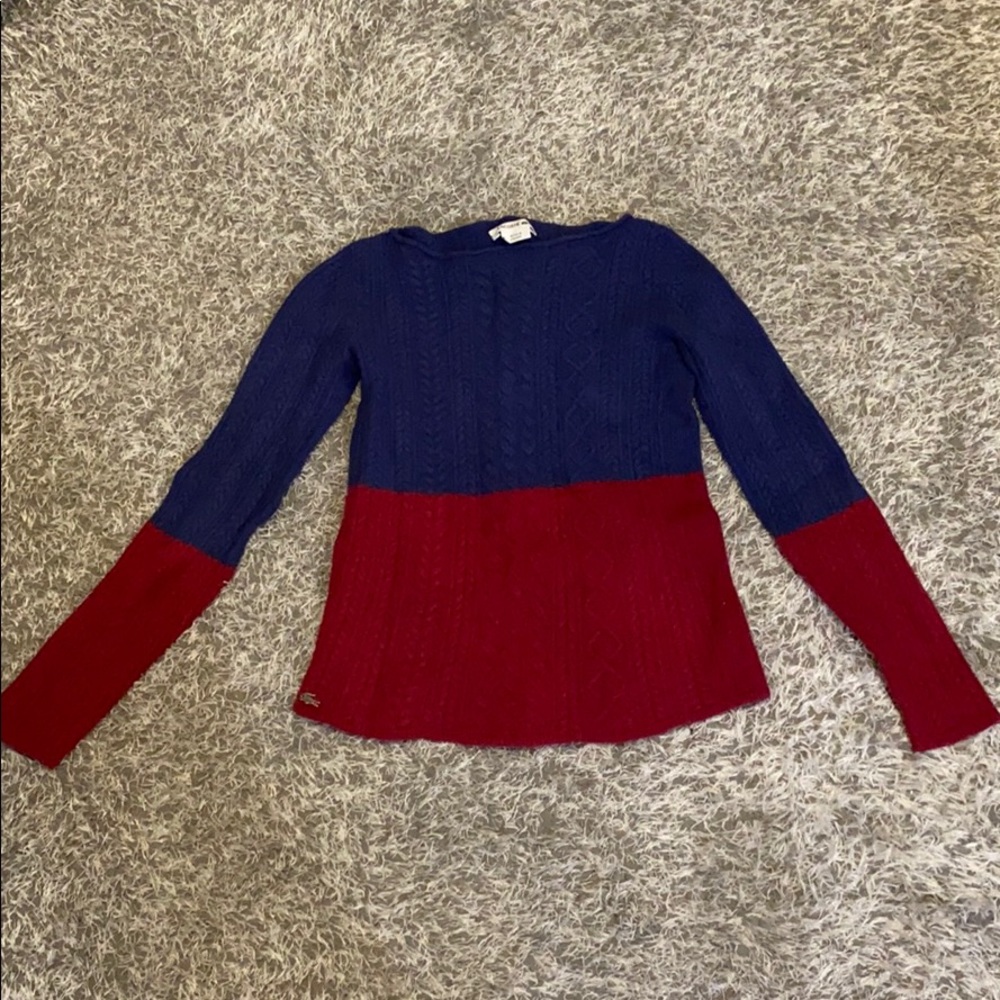 Lacoste 100% Wool Burgundy and Blue Colorblock Cableknit Sweater
